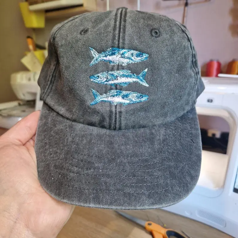 Sardine Fish Embroidered Vintage Cap - Washed Cotton