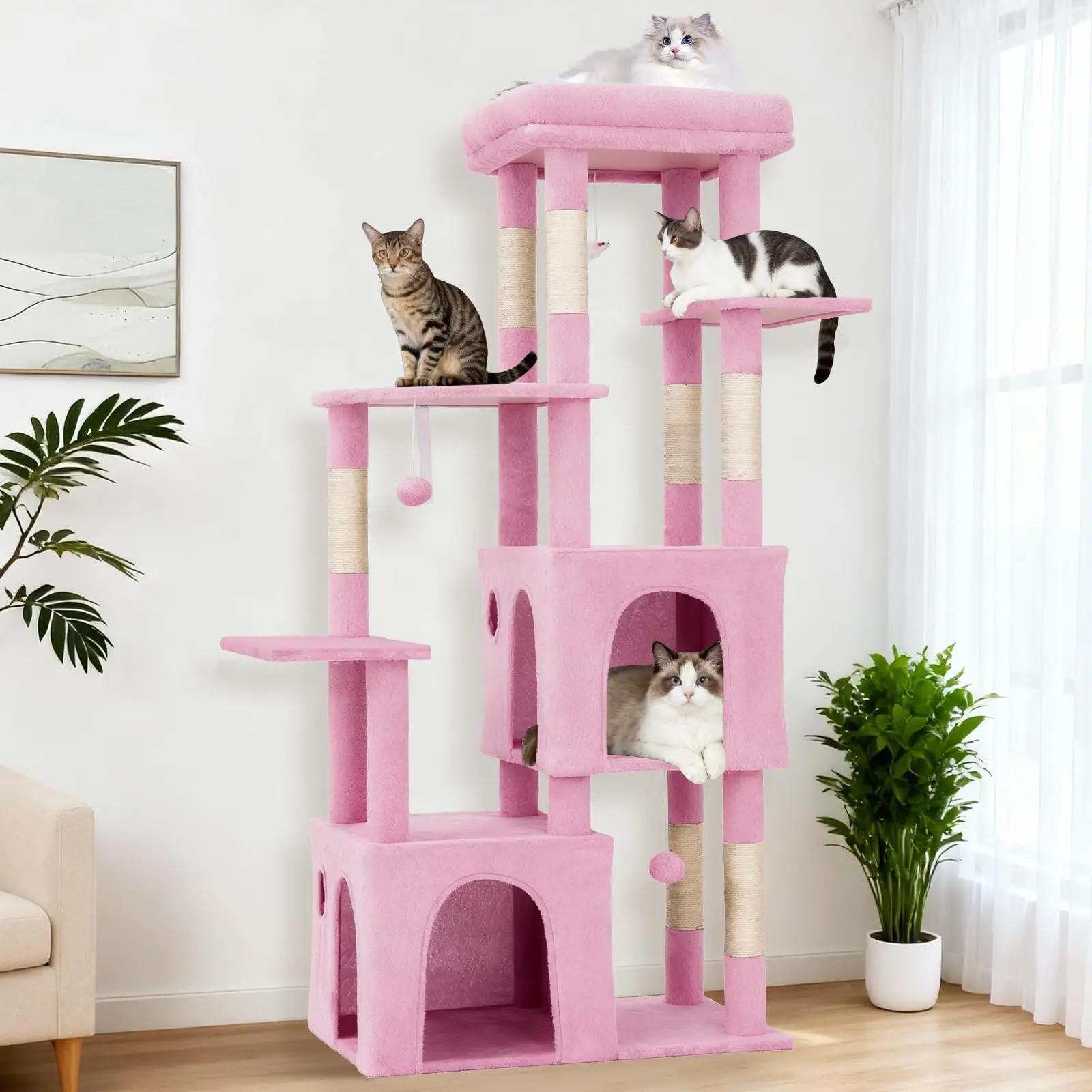 61" Multi-Level Cat Tree for Indoor Cats, Heavy-Duty Tower for Large Adult & Maine Coon Cats with Extra-Large Perch, 2 Spacious Condos, Natural Sisal Scratch Posts & Play Toys