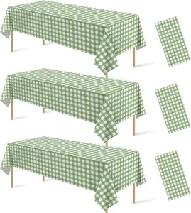 3 Pcs Sage Green Gingham Tablecloth Decorations, Disposable Plastic Green Checkered Tablecloth Buffalo Plaid Table Cover for Baby Shower Bridal Wedding Birthday Party Supplies,54 x 108 Inch