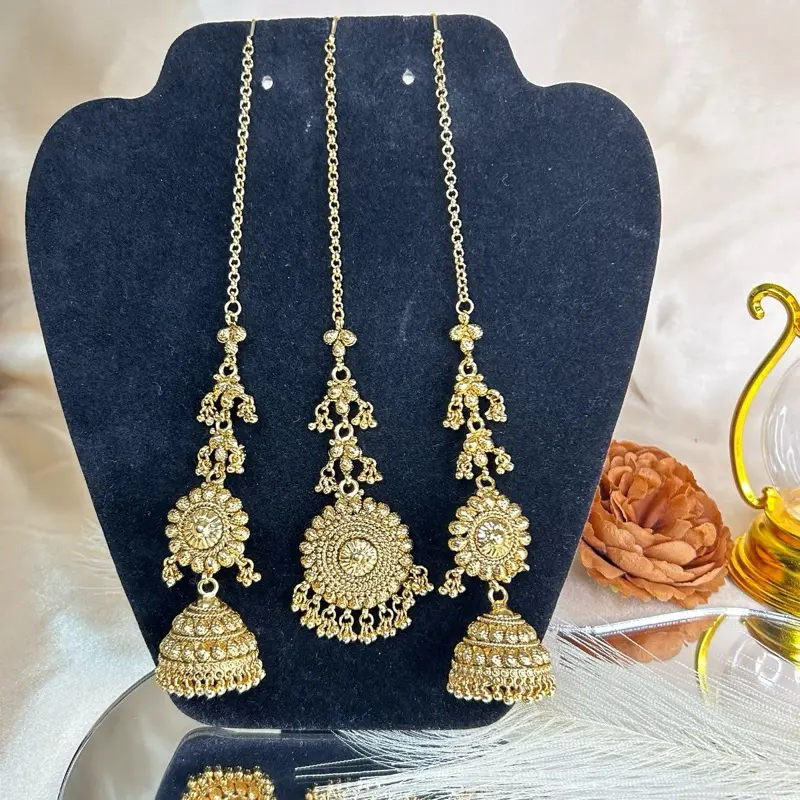 Women's Gorgeous Gold-Plated Jhumka With Ear Chain and Tikka Set