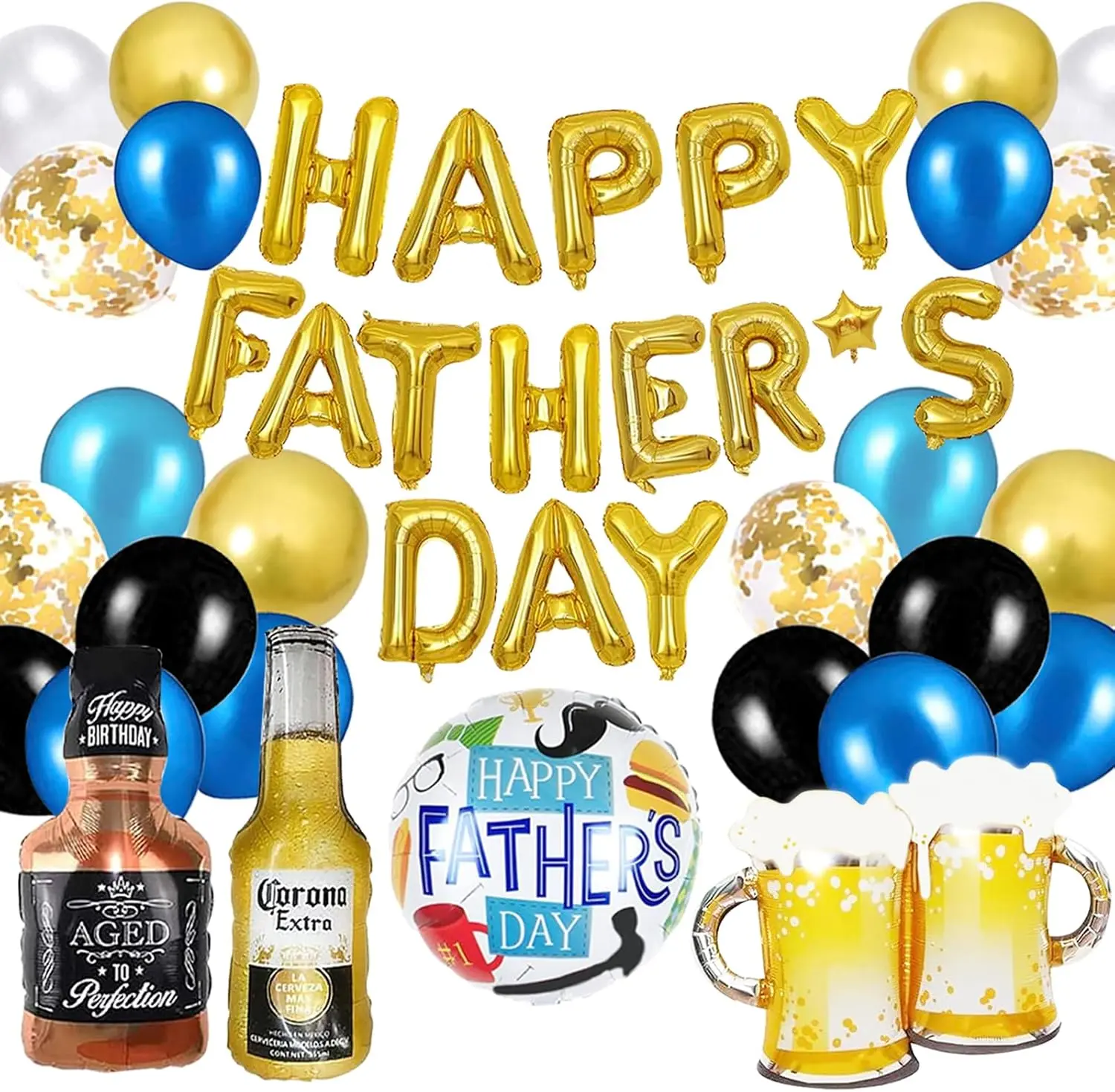 Happy Fathers Day Balloons Decorations 42pcs Father's Day Golden Foil Balloons Banner Whiskey Bottle Beer Mug Mylar Helium Balloon Perfect for Father's Day Themed Party Supplies