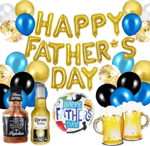 Happy Fathers Day Balloons Decorations 42pcs Father's Day Golden Foil Balloons Banner Whiskey Bottle Beer Mug Mylar Helium Balloon Perfect for Father's Day Themed Party Supplies