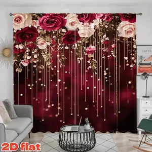 2D Flat 2Pcs Romantic Rose Flower Curtains, Gold String Lights Decor Window Drapes, Semi-Sunshade Polyester Fiber, Pole Pocket Style Panels for Home Living Room Bedroom Kitchen Study & Shower Decoration, Anti-Privacy, Interior Decoration Accessories