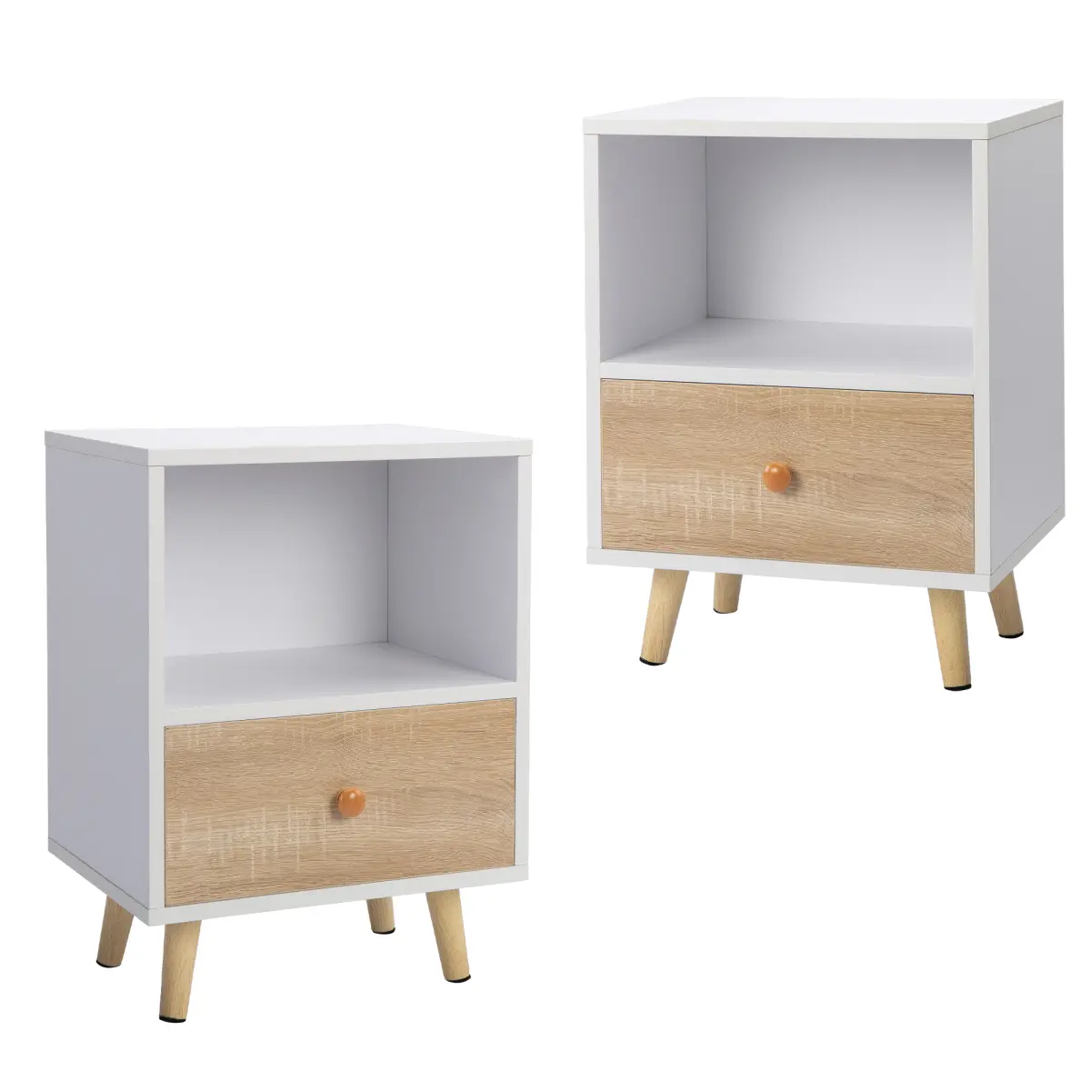 2-Piece Short-Leg Bedside Cupboard – White Nightstands with Drawer & Shelf, Minimalist End Table Set for Bedroom, Guest Room, Kids Room, Small Apartment Home Decor