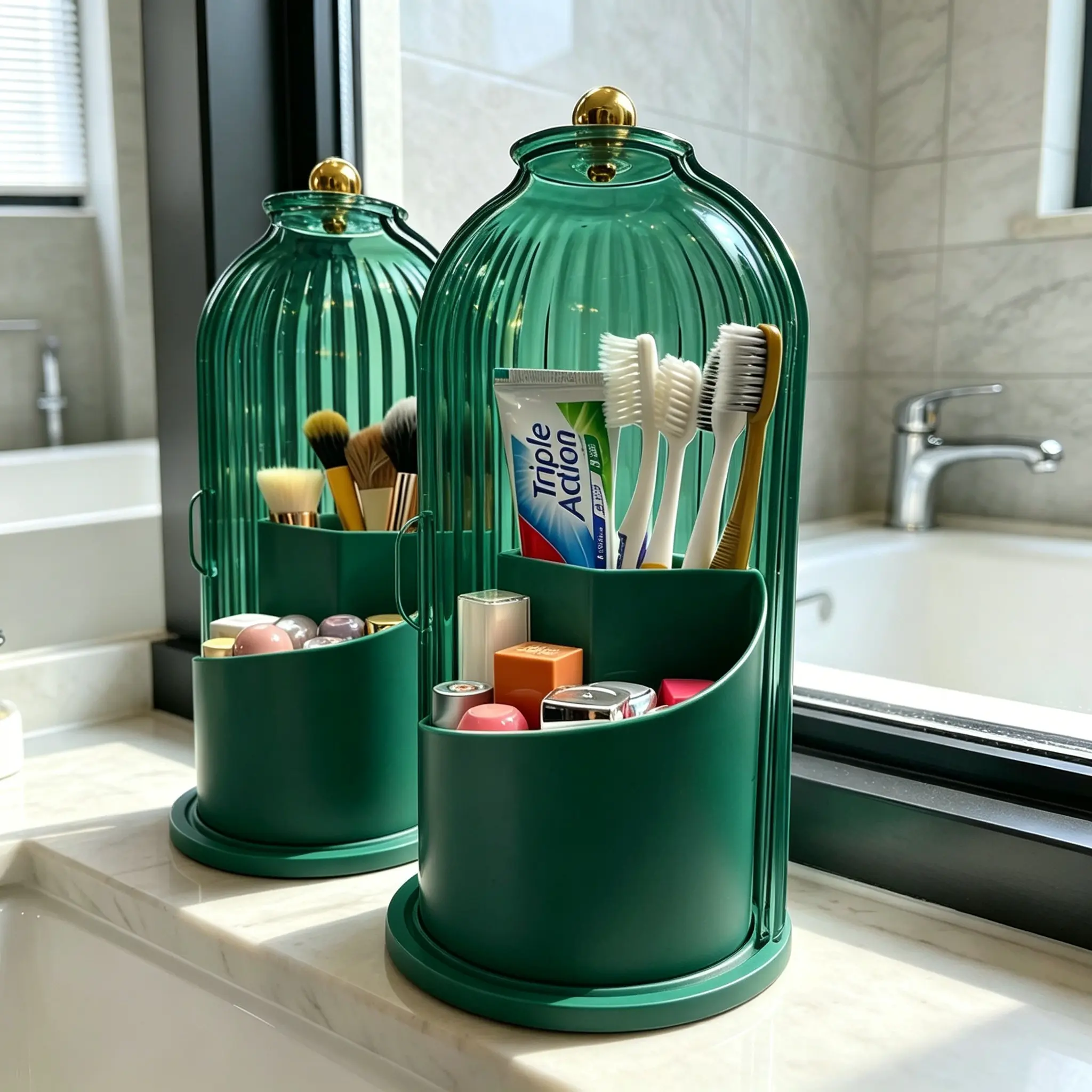 360° Rotating 3 Slots Toothbrush Holder With SlidingLid,Dustproof Bathroom Countertop Organizer,Non-Slip BaseToothpaste & Makeup Brushes Storage Caddy,Space-SavingVanity Counter Organizer For Bathroom Sink,White&Grey