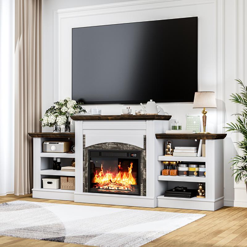 72‘’ Electric Fireplace with Mantel, Fireplace TV Stand for TVs Up to 80 Inch, Modern White Entertainment Center with Storage, with 23'' Fireplace Insert Heater for Living Room, Bedroom