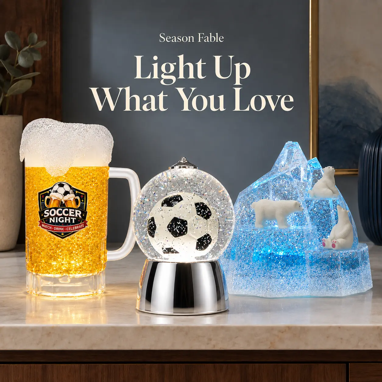 Season Fable Lighted Water Lantern with Swirling Glitter, 6-Hour Timer, Battery-Operated Decorative Accent Light for Home, Desk - Soccer & Polar Bear Styles