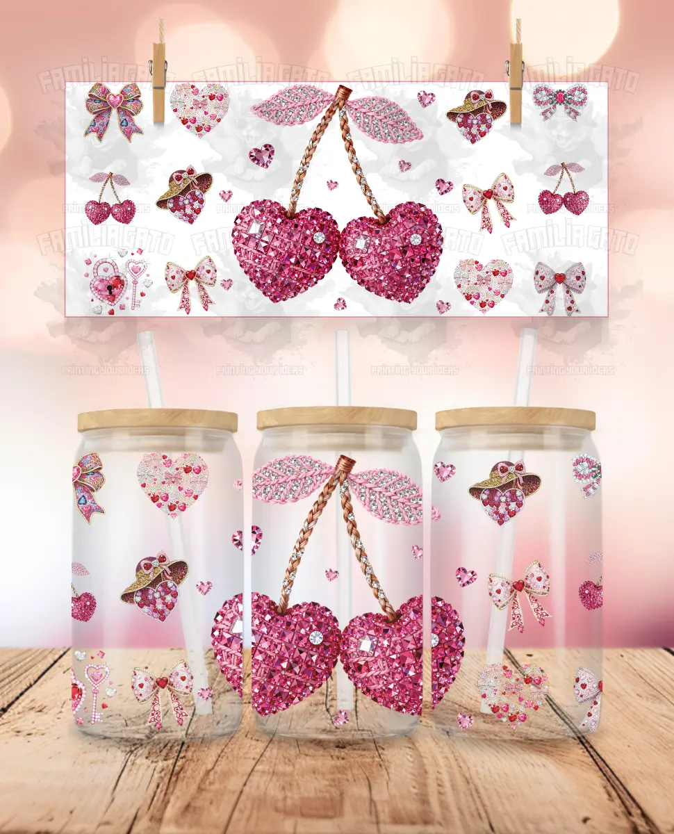 High Quality UVDTF Sticker Wrap, Adhesive Waterproof Valentine's Day Rhinestone Heart-Shaped Cherries Decal For 16 oz Libbey Glass Cup (DIY Scrapbooking & Stamping Supply)
