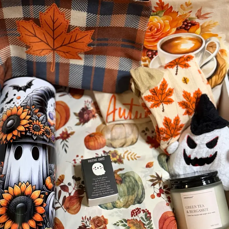 Cozy Autumn Halloween Book Box Gift Basket with Ghost and Pumpkin Spooky Decorations, 1 Candle, 1 Pair of Spooky Socks, Bracelet, Keychain, Pencil Bag for Holiday Festive Party Supplies Tote