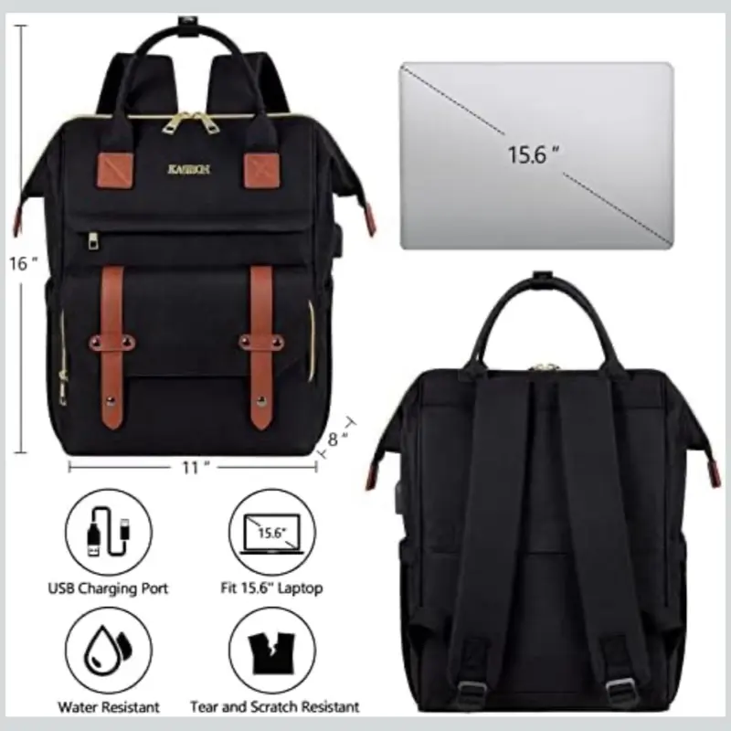 Kasibon Backpack W/Laptop Sleeve and USB Charging‎ Port Army Green NEW 16x14x6\