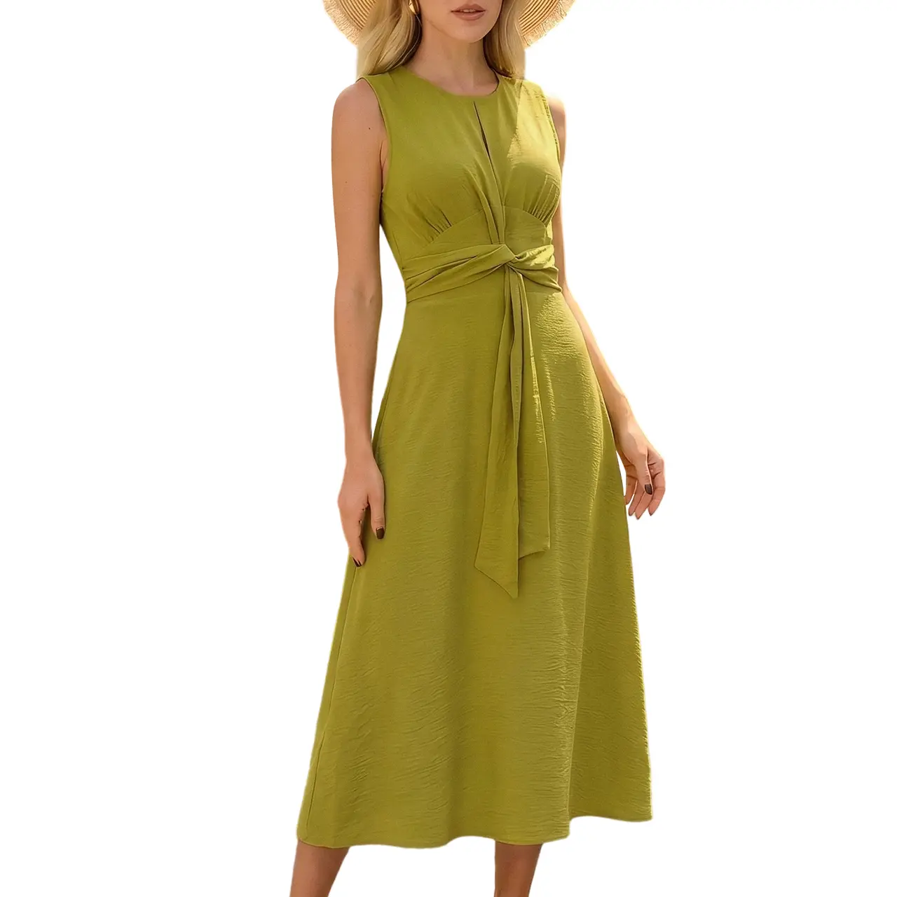 Women Sleeveless Round Neck Midi Dress Avocado Green Front Keyhole Waist Tie Back Elastic Smocked Textured Casual Dress XTK4727M