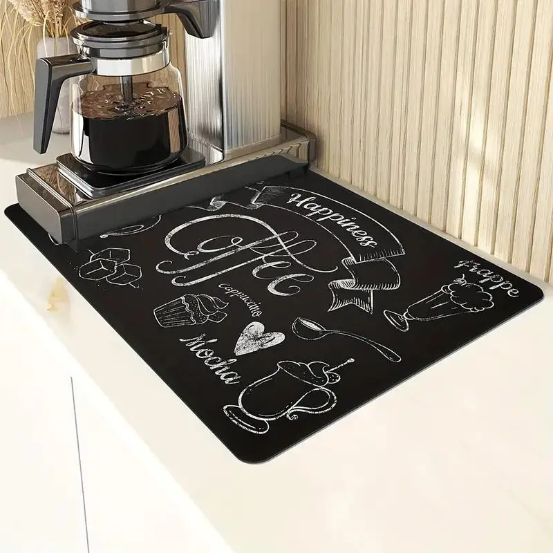 Coffee Printed Dish Drying Mat, 1 Piece Non-slip Draining Pad, Wear-resistant Coffee Machine Mat, Placemat for Countertop Dining Party Table Decoratio
