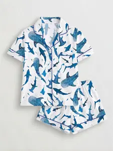 Women's Shark Print Pajama Set, Short Sleeve Button-Up Top and Elastic Shorts, Casual All-Season Sleepwear, Comfortable Home, Homewear
