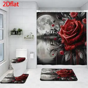 4-Piece Bathroom Sets Full Set Red Rose and Moon City Pattern Four-Piece Curtain Set Elegant Decor Shower Bath funny Accessories U-Shaped floor Seat Cover Cushion Toilet Lid Rug Carpet Non-Slip  Shape Mat Gifts Style toilet waterproof