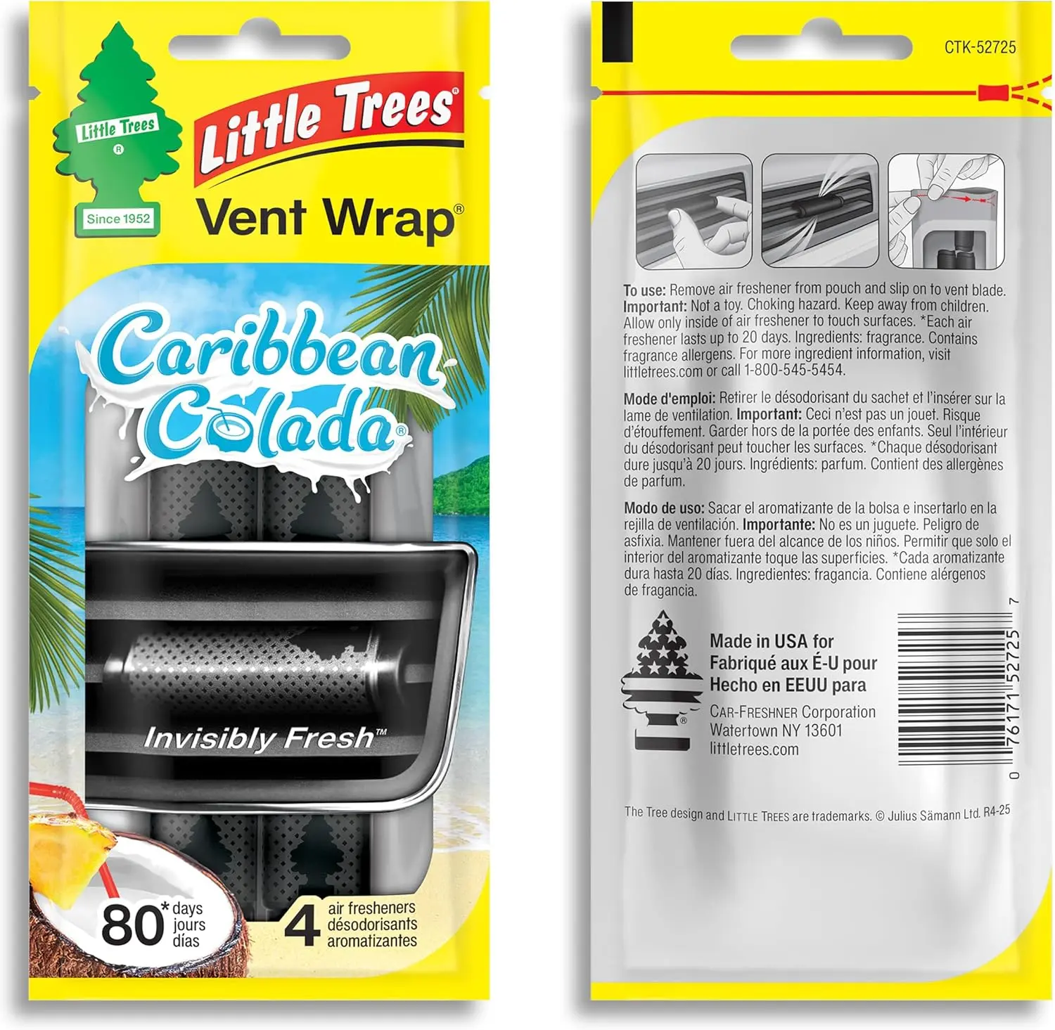 LITTLE TREES Car Air Freshener | Vent Wrap Provides Long Lasting Scent, Invisibly Fresh | Caribbean Colada, pack of 1