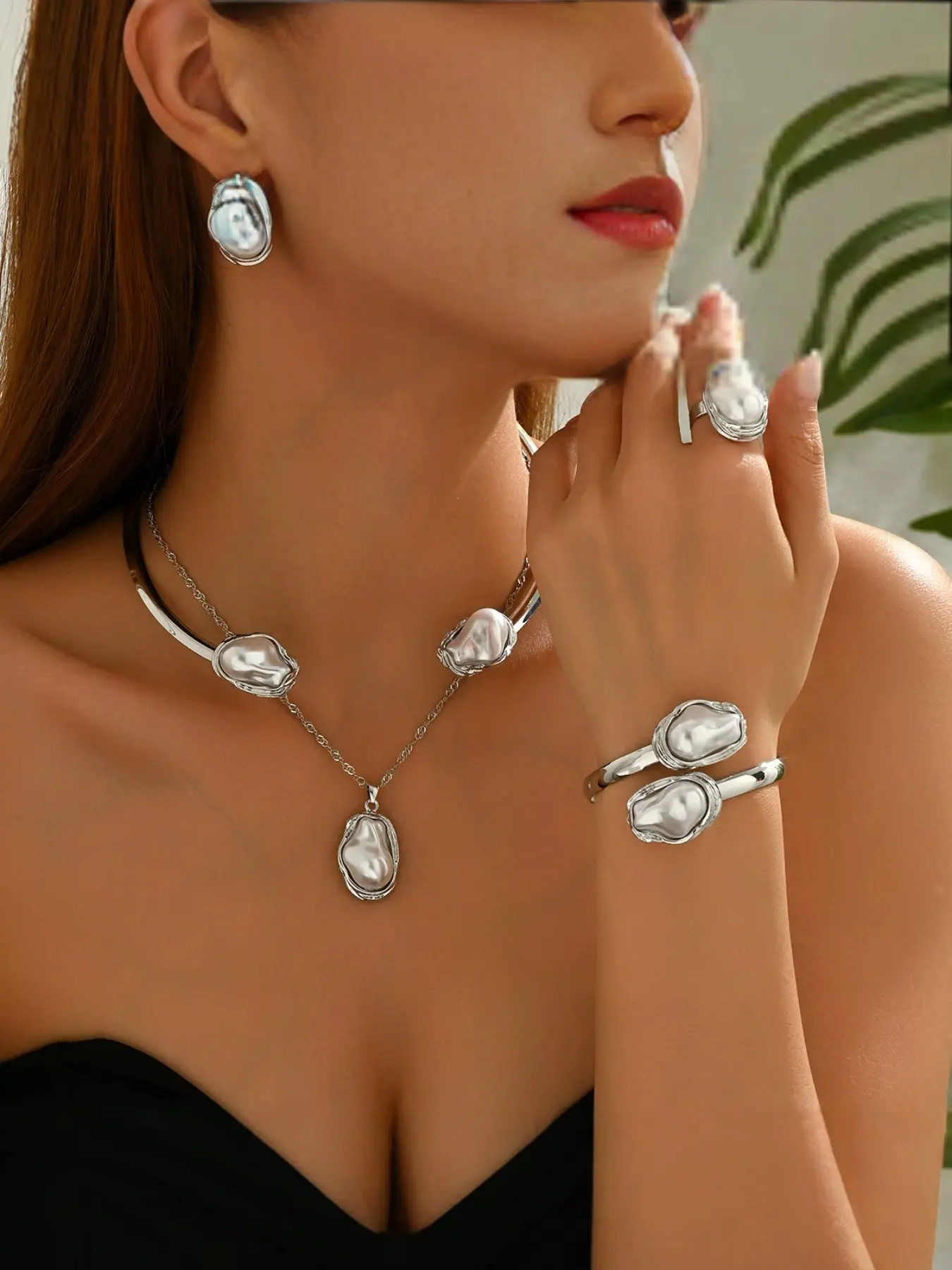 French Baroque Alloy Imitation Pearl Jewelry Set, Elegant Vintage Necklace Earrings Ring Bracelet, High-End Versatile Gift for Girlfriend