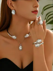 French Baroque Imitation Pearl Jewelry Set, Elegant Vintage Necklace Earrings Ring Bracelet, High-End Versatile Gift for Girlfriend