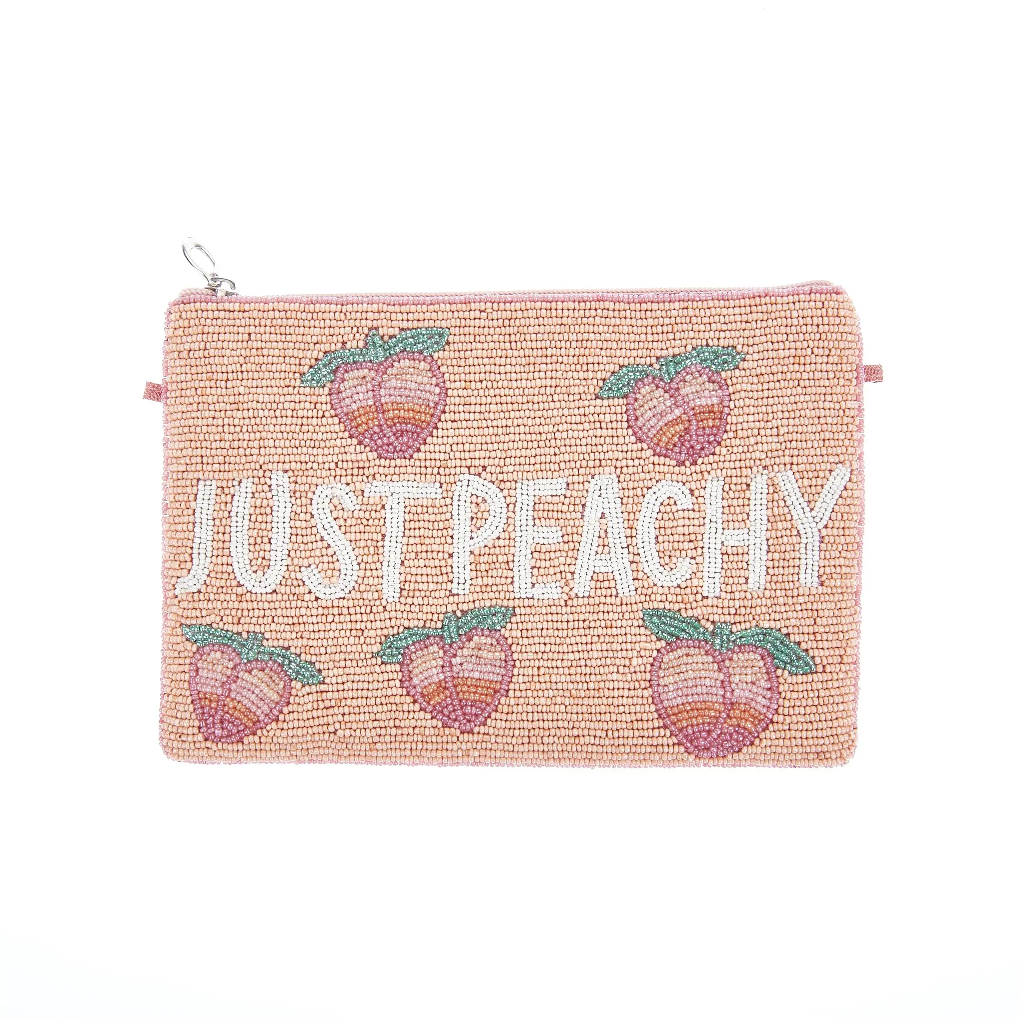 Women's Beaded Convertible Clutch, Cute 'Just Peachy' Slogan Bag with Peach Fruit Motifs, Lightweight for Summer, Beaded Detail, Peach Motif, Beads