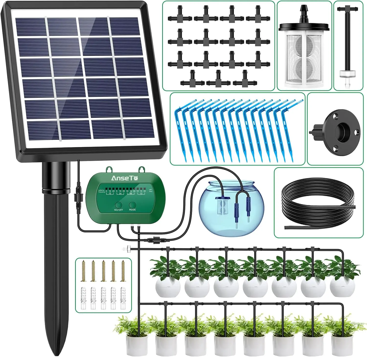 No Electricity Needed Solar Drip Irrigation Kit｜Scheduled Watering,12 Modes,49ft Hose,Anti-Siphon Auto Water for Raised Garden Beds,Balcony Greenhouse