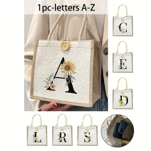 Linen Floral Letter A-Z Handbag, Letter Print Handbag, Handheld Bag, Large Capacity, Portable Casual Storage Bag, Multifunctional Shopping Bag, Perfect Gift for Women