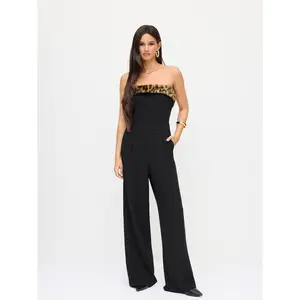 Cider Leopard Faux Fur Trim Wide Leg Bandeau Jumpsuit