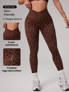 Women's Leopard Print Cross Waist Yoga Pants, High Waist Seamless Fitness Leggings, Butt Lifting High Elastic Sports Tight Fit, Gym Sportswear Bottoms, Skinny Sportswear