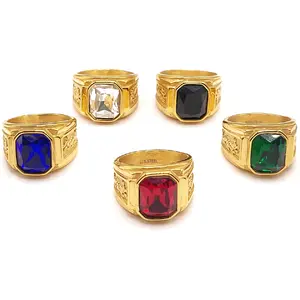 Mens Ring Yellow Gold Color Stainless Steel gemstone Anillo Hombre Piedra De Colores Acero Inoxidable Red Blue Black Green Clear gemstone