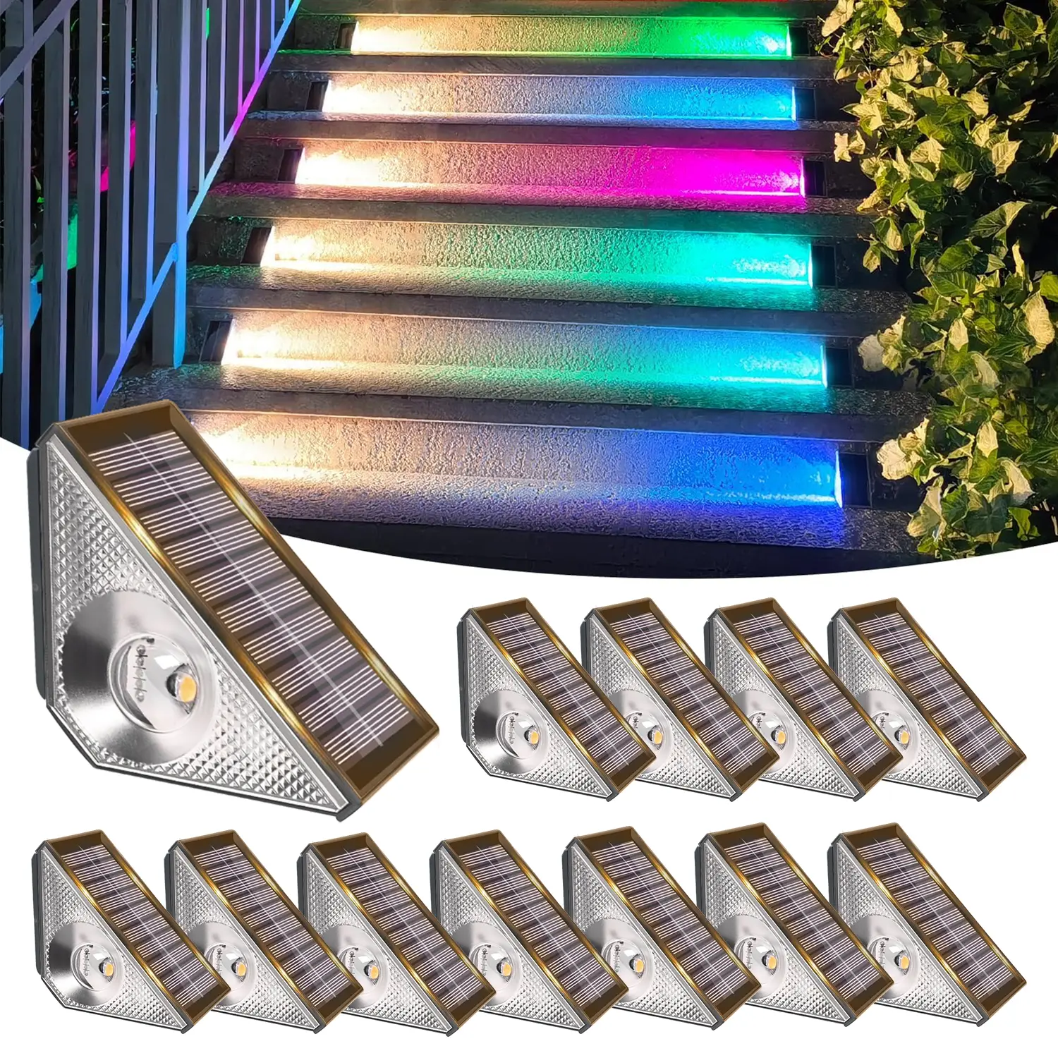 JNOEC Solar-Powered Outdoor Stair Lights, 80 Lumens, 800mAh Batteries, IP65 Waterproof ABS Plastic LED Fixtures, 5-Hour Charge, 8H Illumination, No Wiring, Sticky Tape/Screws Installation, 2/6/12-Pack, 1-Year Satisfaction Service for Patio Deck, Porch, Wa