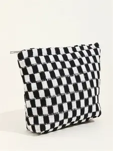 Large Plaid Cosmetic Bag, Knitted Travel Toiletry Bag, Cute Makeup Brush Storage Pouch, All Season Organizer, Cosmetics Organizer