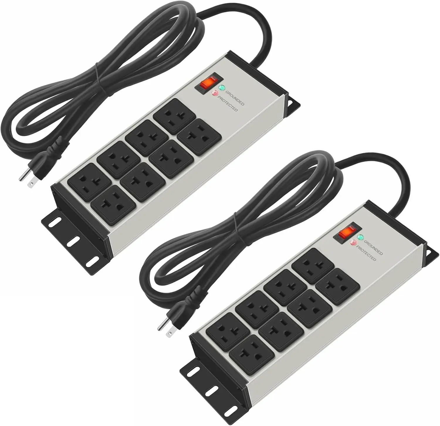 2 count Heavy Duty Power Strip Surge Protector 20 AMP, 8 Outlets 12 Gauge Shop Garage Metal Multiple Outlets, 4 FT Extension Cord 5-15P Adapter High Amp 6-20R T-Slot 20a for Appliance Grey.