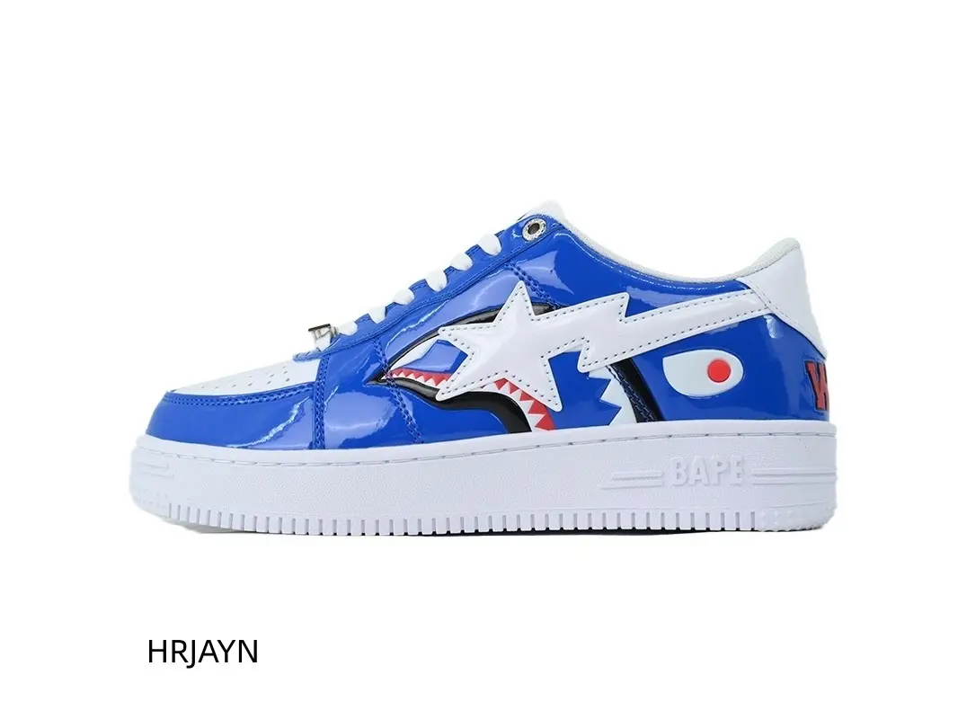 Unisex Blue White Shark Print Patent Leather Low Top Sneakers - Glossy Upper, Rubber Anti-Slip Outsole, Street Trend Casual Closed Footwear for Sports Collectibles Accessories