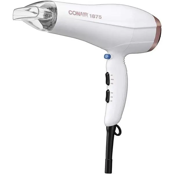 Double Ceramic 1875W Hair Dryer, 3 Heat/ 2 Speed Blow Dryer, Powerful and Fast Drying, Includes Concentrator, Cool Shot Button, Removable Filter, White, Travel hair dryer