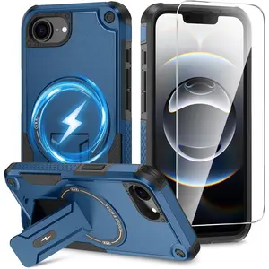 Caka for iPhone 16e & iPhone 17e Case [Compatible with MagSafe] [Invisible Kickstand] [HD Screen Protector], Protective Magnetic Phone Cover for iPhone 16 e & 17 e (Navy Blue)
