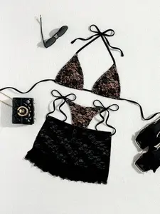 2026 New European and American Beach Fashion Sexy Backless Lace Bikini Three-Piece Set, Self Tie Bikini, Casual Plain Style Swimsuit for Women