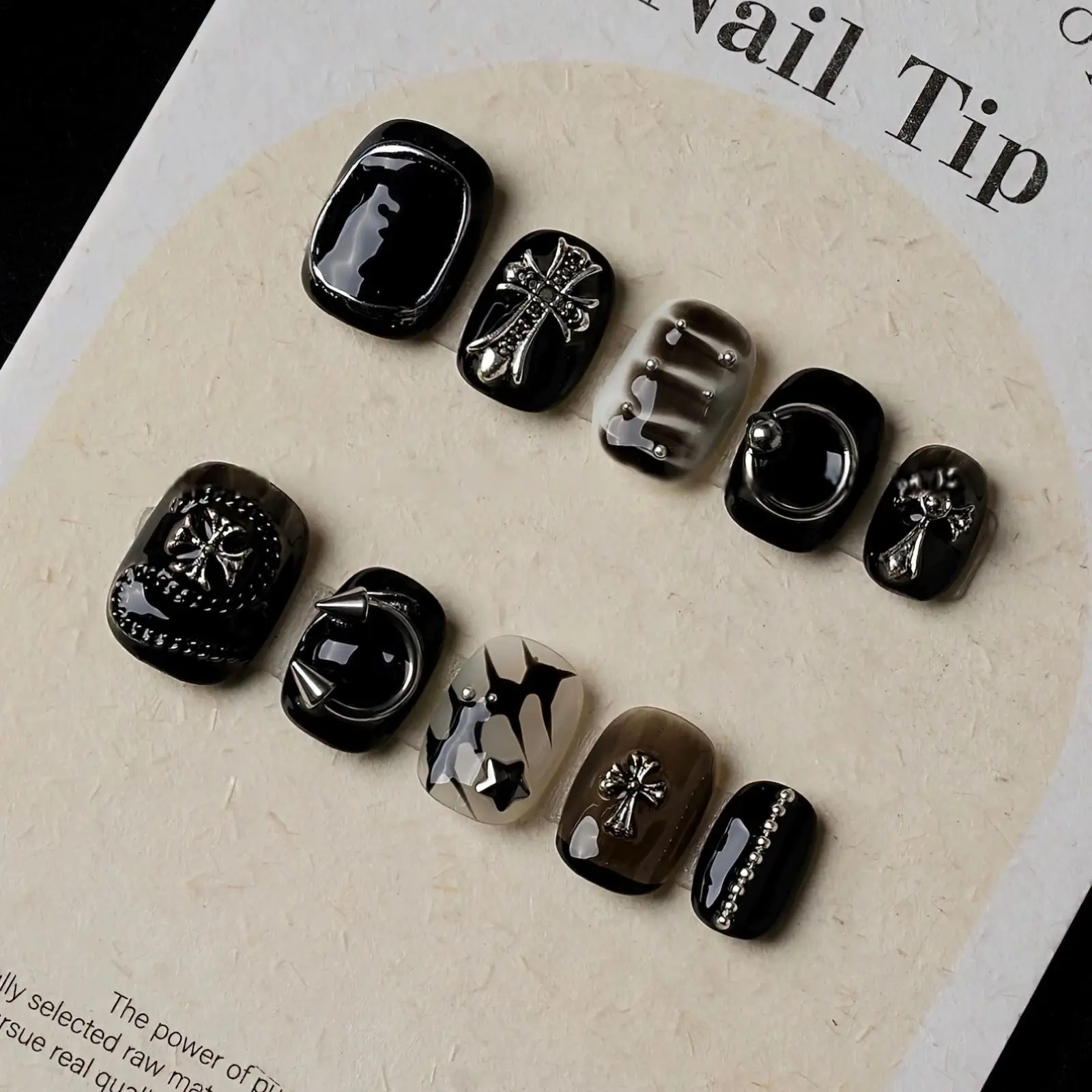 Black Goth Chrome Cross 3D False Nail Set, Y2k Cyberpunk Press On Nails with Metal Charms