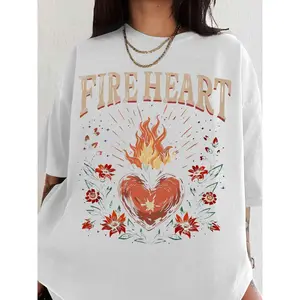 Women's Fire Heart Print Round Neck Graphic Tee, Bold Statement Tee, Vintage Trendy Casual Flower & Figure Print Short Sleeve T-shirt for Daily Wear, Ladies Summer Outfit, Top, Streetwear