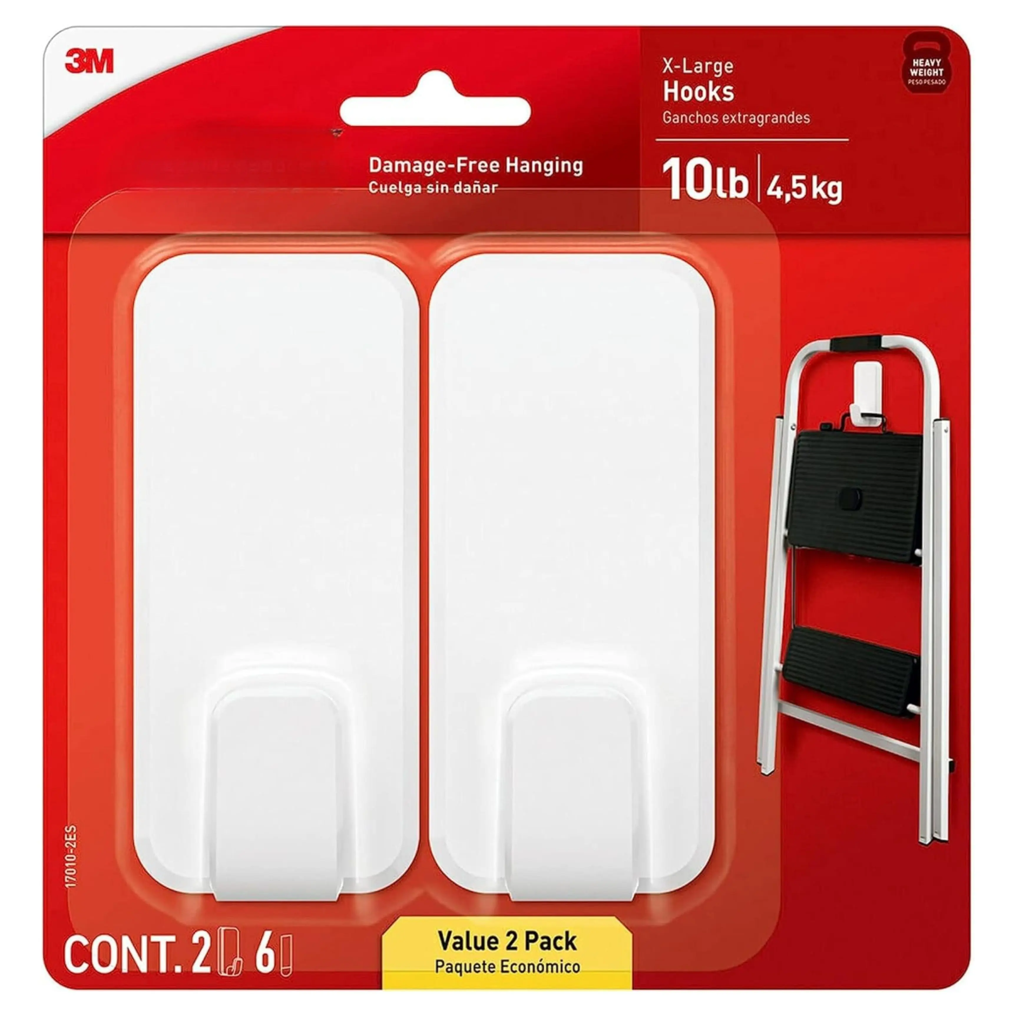 10 lb XL Heavyweight Hook, 2 Wall Hooks and 6 Strips, Damage-Free Hanging with Adhesive, Heavy Duty Hanging Great for Back to School Dorm Organizers