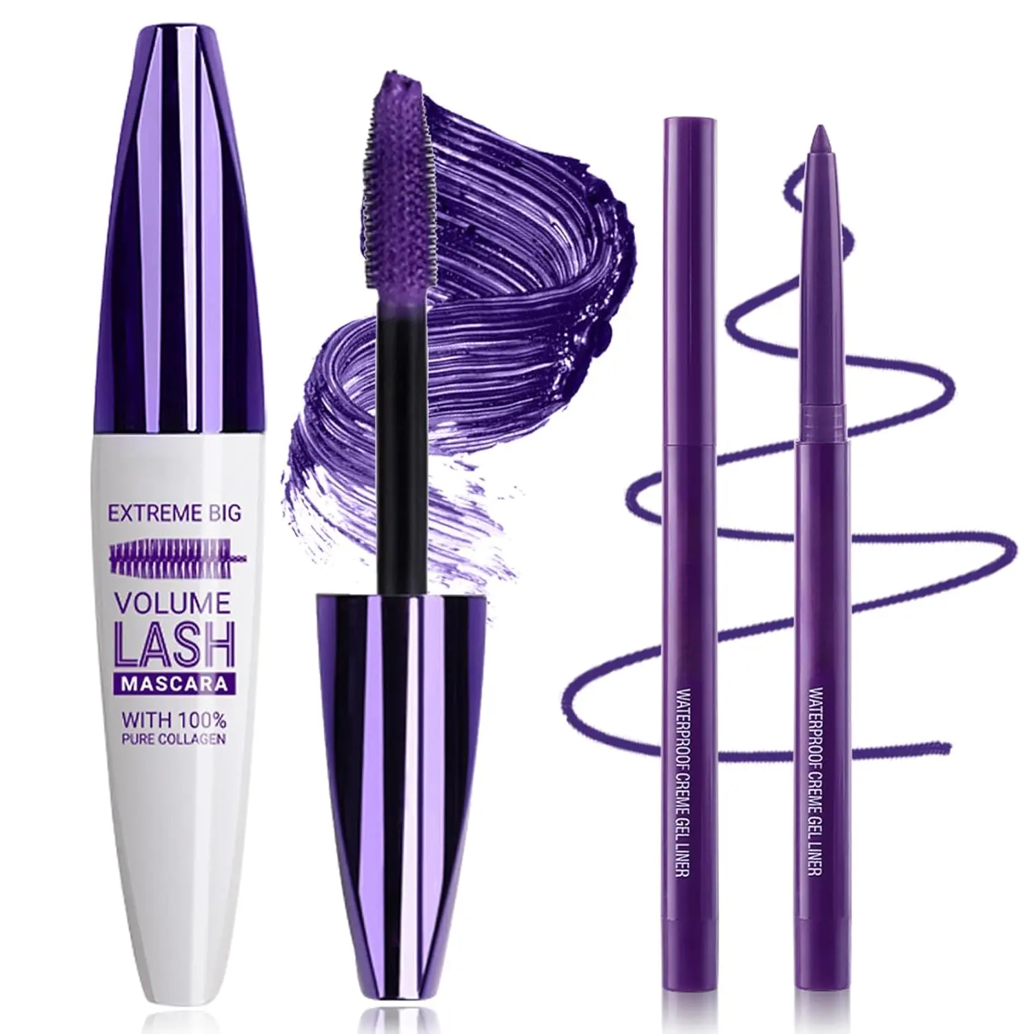 Mascara and Eyeliner Set, 5D Colored Volume and Length Waterproof, Purple Mascara for Eyelashes, Suitable for All Skin Types