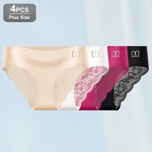 Women's Plus-Size Low-Rise Triangle Briefs Panties - 4-Pack, Letter Embellishment, Scalloped Lace Trim, Soft Breathable Fabric, All-Season Womenswear