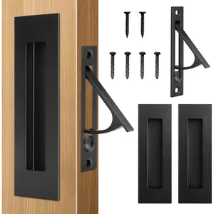 Pocket Door Hardware Set – 2 Recessed Flush Finger Pulls & 1 Edge Pull, Made of 304 Stainless Steel, Template Included, Black