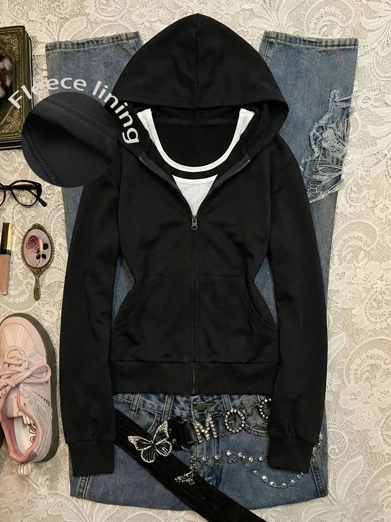 Women's Zipper Hoodie, Casual Streetwear Hoodies, Long Sleeves Graphic Fitted Outerwear, All-Season Soft Knit Clothing, Y2K Street Style, Casual, High-Quality Basic Top, Sweatshirts, Cute Sweatshirt
