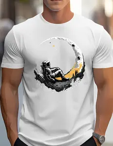 Astronaut Sitting on Moon Graphic T-Shirt | Space Theme Casual Tee | Cotton Blend Shirt S-5XL