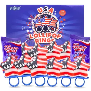 American Flag Star Lollipop Rings, 4th of July Red White and Blue Candy, Individually Wrapped Suckers, 18 Count