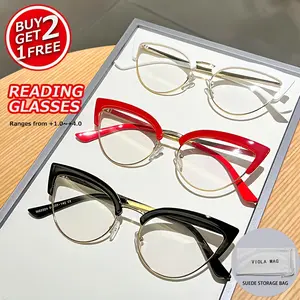 3 pairs of fashionable small-frame cat-eye reading glasses - Lightweight PC metal half-frame, red/white/black available, colorful style suitable for, TV, computer use - Ideal for parents and the elderly