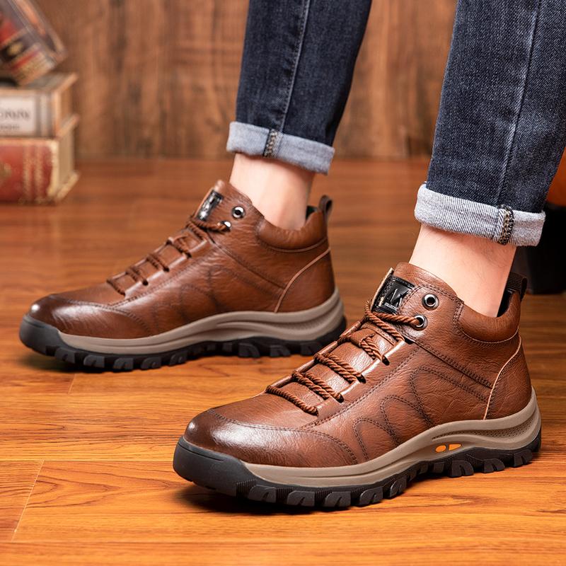 Men's New Fashion Mid-top Casual Shoes Lace-up Outdoor Hiking Leather Boots  Closed Boy Training Trainer Runner Athletic Running Footwear Rubber