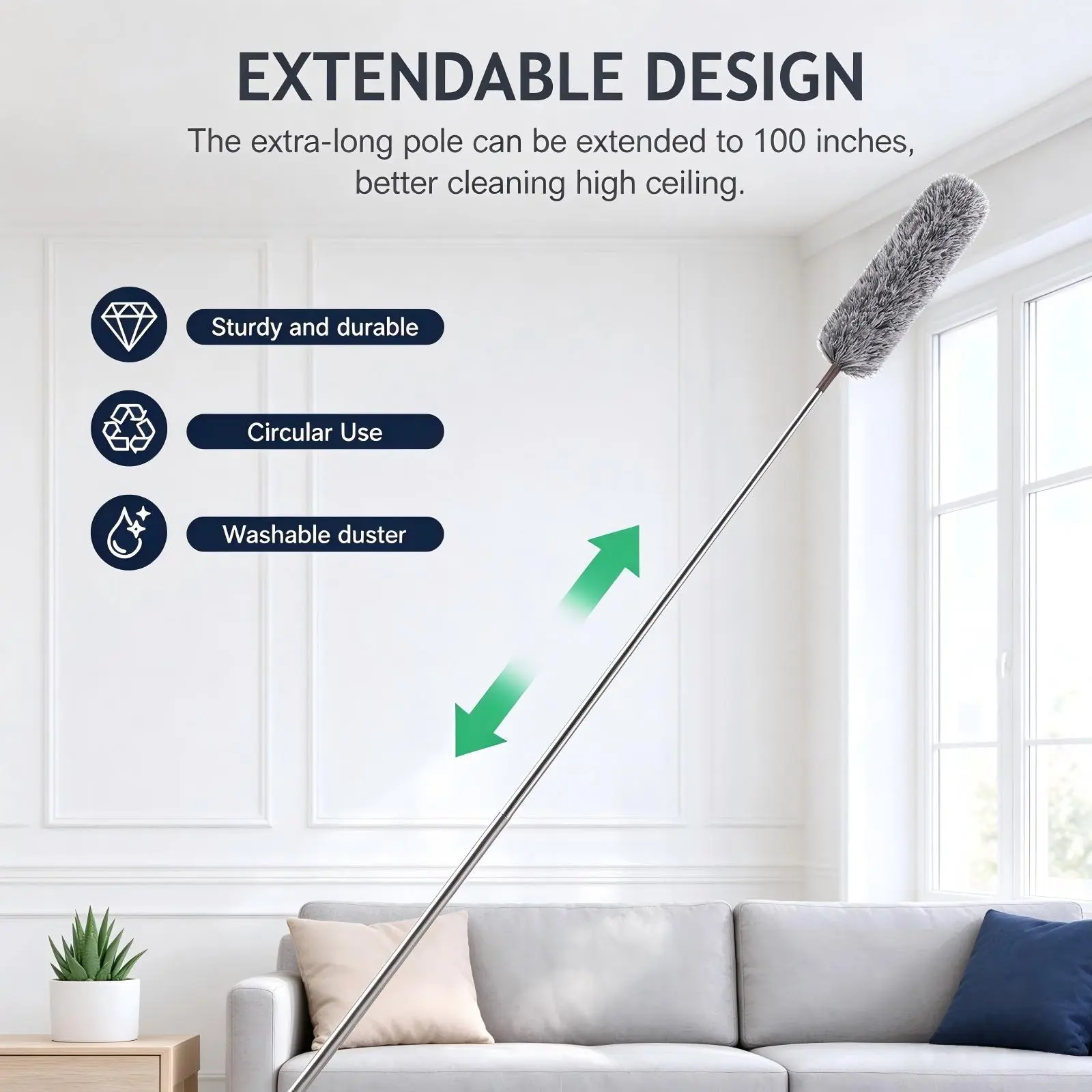 DGAPHRO Microfiber Duster with Extension Pole,Adjustable Stainless Steel Long Dusters for Cleaning, Bendable & Washable Extendable Duster for Ceiling Fans,Blinds,Cars and Furniture.