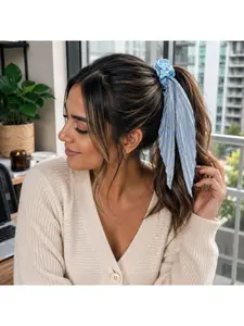 Chic Pleated Ribbon Scrunchie Hair Tie with Long Scarf Tails, Metallic Gold Star Printed Ponytail Holder for Women Girls, Soft Stretch Hair Rope for Bun Braids Half Up Thick Hair, Elegant Vintage Korean Style Headwear for Daily Party Wedding Vacation, Chr
