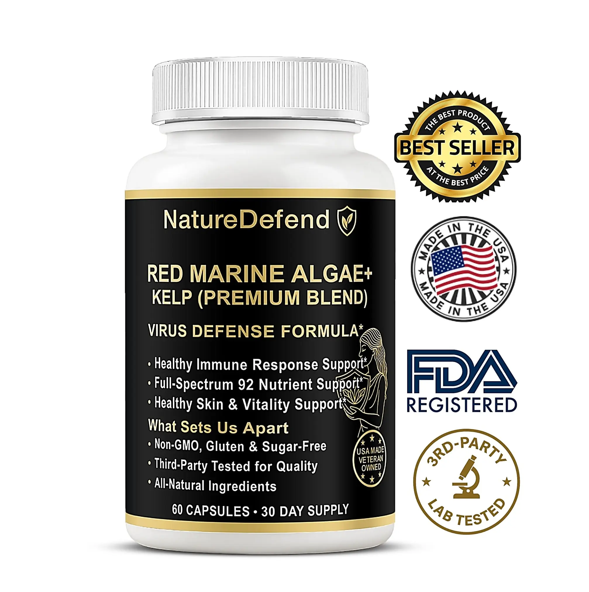 NatureDefend Red Marine Algae + Kelp | 92 Key Nutrients for Immune Support | USA Veteran-Owned | 60 Capsules