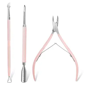 Cuticle Trimmer with Cuticle Pusher, 3 PCS Pink Nail Cuticle Nipper Professional Pedicure Manicure Tools with Stainless Steel Dual End Pusher, Nail Scraper
