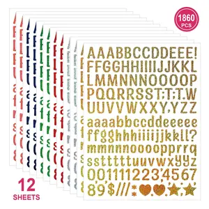12 Sheets 0.5 Inch Glitter Letter Number Stickers, Self Adhesive Stickers, Small Size Shiny Alphabet Labels for Office School Home Marking, Art Crafts Water Bottle Cup Envelope Card Decor